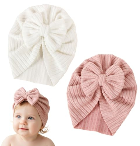 2 Pièces Bonnets de Naissance, Nouveau-né Bambin Doux Mignon Tricoté Chapeau, Bonnet Bebe Naissance avec Nœud für Neugeborene, Kleinkinder(Rose et Blanc)