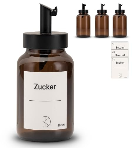 Koffs Design - Lot de 3 sucriers avec doseur en acier inoxydable – Saupoudreur individuel pour sucre, saupoudrer, graines de sésame, graines et plus encore – Sucrier moderne en verre avec protection