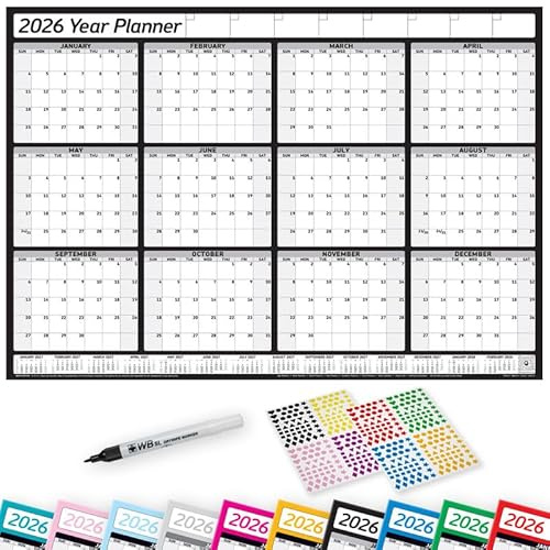 PlannerHead 2026 Laminated Wall Planner Calendar Chart Poster/Yearly Calendar 2026 / Grid Style 12 Months with Pen & 400 Stickers / 2027 Footnote Included/Black/Medium (35x49cm)