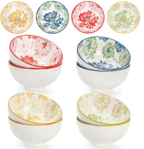 Youeon 12 Pack Small Ceramic Bowls, 10 Oz Colorful Dessert Bowls, Little Bowl Set for Rice, Soup, Snack, Ice Cream, Side Dish, Microwave & Dishwasher Safe, Flower Patterned, Kitchen Decor Gift