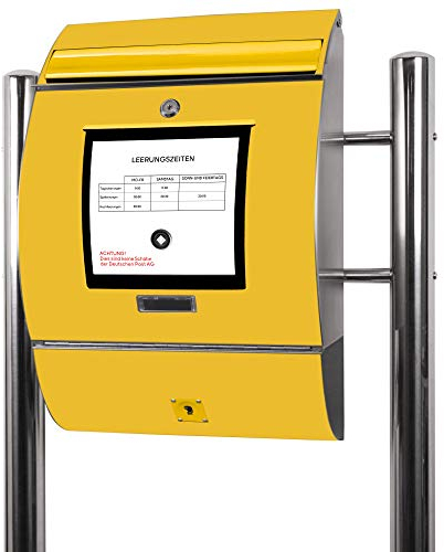 Banjado® Standbriefkasten Aus Edelstahl Mit Zeitungsfach - Motiv Gelb / Mit Standfuß & Namensschild / Freistehend - A4 Einwurf Inkl. 2 Schlüssel