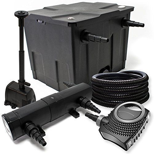 Wiltec Komplettset: CBF-350 Teichfilter bis 12000 L Teichfilteranlage, NEO10000 Teichpumpe 10000l/h 80W, CUV-224 Teichklärer 24W, 25m Teichschlauch 25 mm, HJ-943 Springbrunnen 800l/h 16W