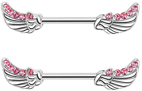 BodyJewelryOnline Adult 14ga-1/2(12mm) Engel Flügel mit CZ Edelsteine 316L chirurgischer Stahl Nippel Bar - verkauft jedes (rosa)