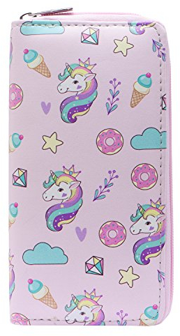 DonDon Geldbörse Damen mit Reißverschluss Portemonnaie Geldbeutel Damen Kinder Mädchen Einhörner und Süßigkeiten