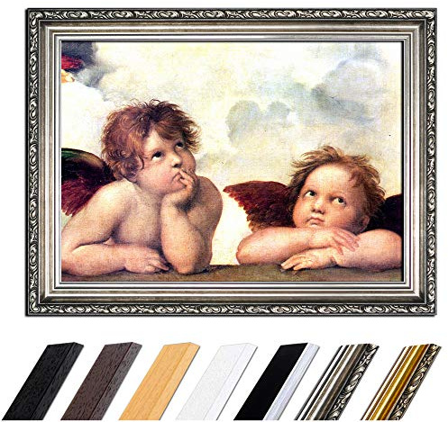 Bilderdepot24 Bild mit Rahmen - Raffael Engel - Detail Sixtinische Madonna 80x60 cm - Gerahmtes Leinwandbild Alte Meister - Antiker Rahmen Silber Barock, Klassisch