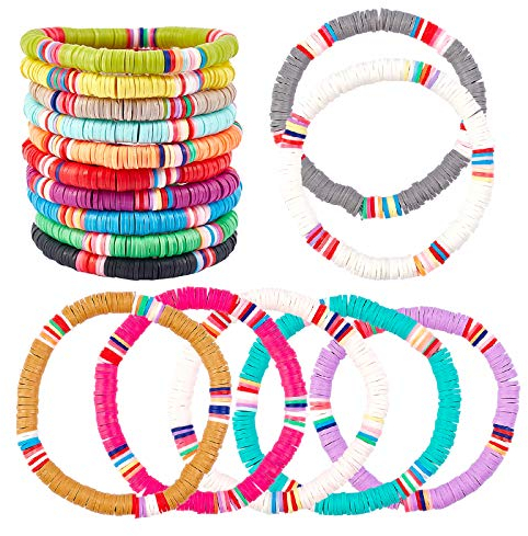 AHANDMAKER 17 Stück Buntes Boho Armbänder Set für Frauen, 17 Stile, Handgefertigte Polymer Ton Perlen Stretch Armbänder, Regenbogen Polymer Elastik Ton Perlen Armband Set, Strand Bunte