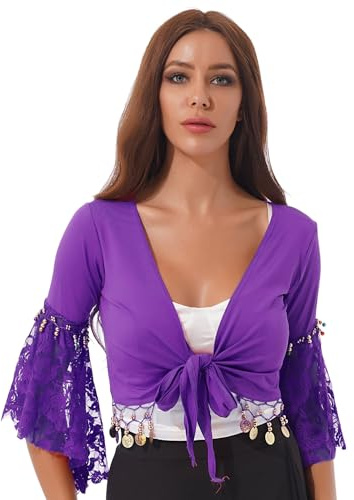 Damen Ballet Wickeloberteile Langarm Crop Shirts Bauchtanz Kostüm Bauchfrei Oberteil Crop Top Mit Pailletten Quasten Tanz Kostüm Party Outfits