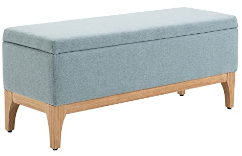 HOMCOM Panca Imbottita con Contenitore, Panca Contenitore da Interni, Tessuto Effetto Lino e Legno, Design Scandinavo, Elegante, 110x39x45Acm, Azzurro