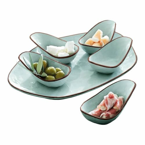 LOBERON Servierschälchen 6er Set Biarré, türkis | fünf Schälchen + Unterteller, für Dips und Saucen, traditionelle Handarbeit, Küchenutensilien, Tischaccessoires, Steinzeug
