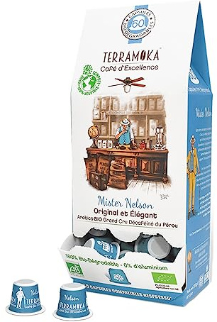 TERRAMOKA - 60 Capsules Décaféiné Bio d’excellence - 100% Pur Arabica du Pérou - Compatibles avec Nespresso - Original et Elégant - Zéro Déchet et Home Compost - Mister Nelson - Torréfié en France
