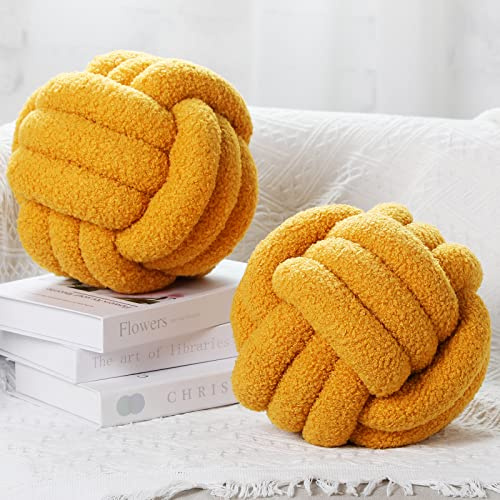 Namalu 2 Pcs Knot Pillows Decorative Round Ball Throw Plush Pillows Boucle Knotted Circle Soft Pillows Cushion for Room Sofa Home Bed Floor(11 Inch,Turmeric)