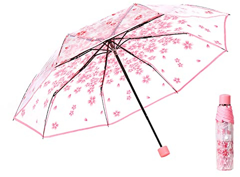 LICHENGTAI Durchsichtiger Regenschirm Damen Taschenschirme Schirm Kirschblüte Stockschirm Sonnenschirm Klappschirme Transparent Sturmfest Schirm Regenschirm Klar für Mädchen Jungen Studenten Frauen