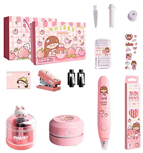 Schreibwaren Geschenkbox Set Elektrischer Bleistiftspitzer+Elektrischer Radiergummi+Radiergummi Nachfüll+Desktop Vakuum Schreibwaren Kit Schule Kinder (Rosa Mädchen)