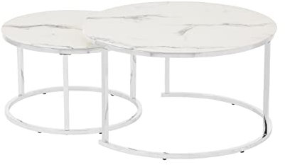 HOOZ Couchitsch 2er Set Rund, Beistelltisch Metall, Wohnzimmer Tisch für Couch und Sofatisch, Nachttisch für Dekoration (80x80x45 cm und 60x60x41 cm) Chrom Marmor weiß