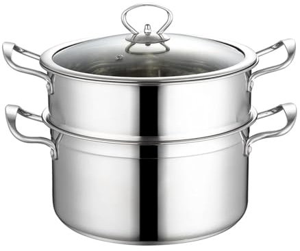 Vaporiera In Acciaio Inox - Pentola Con Cestello Per La Cottura A Vapore, Vaporiera Domestica A Doppio Strato, Con Coperchio In Vetro E Manici Cool Touch Pentola Per Zuppa,per Panini Al Vapore ( Size