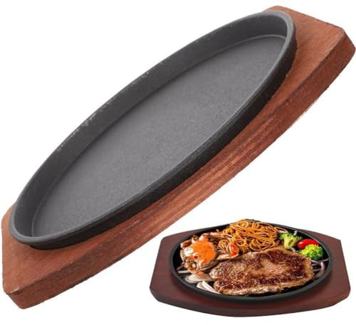 Cast Steak Plate Sizzle Griddle Nonstick Fajita Skillet Server Plate with Wooden Base Steak Plate Pizza Oven Bbq Accessories
