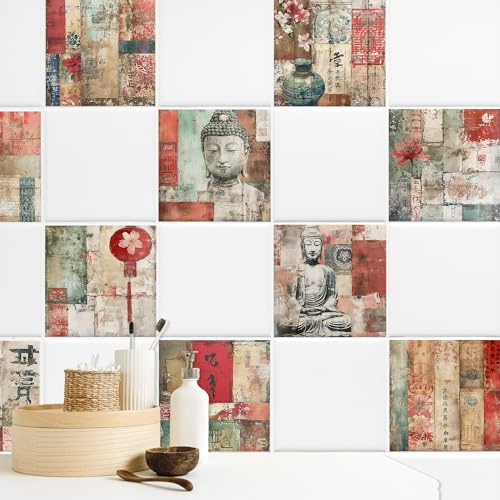 GRAZDesign Fliesenaufkleber Bad & Küche Rustikale Zen Collage Gemälde Japan Klebefliesen selbstklebend - 20x25cm / 10 Stück