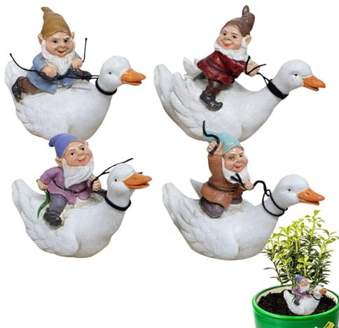 Lambo Lot de 4 nains de jardin en plein air - Lot de 4 nains assis sur un canard | Décoration miniature vintage, elfe, statue de nain, ornements de jardin