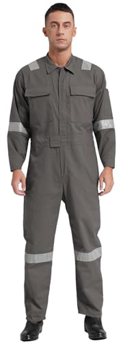 inhzoy Cotone Tuta da Lavoro Uomo Tuta Intera da Lavoro Multitasca Jumpsuit di Sicurezza Riflettente con Cerniera Tuta Meccanico Protettiva Jumpsuit Overall Workwear Grigio 5XL