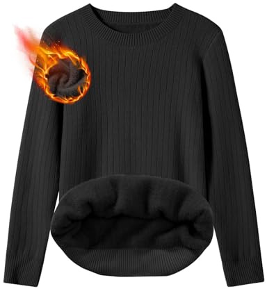 TOMEEK Pull Femme Hiver Chaud col Rond Pull Polaire en Tricot Chic et Elegant Pullover à Manches Longues Thermique Hauts Sweater Casual Chandail Tops, Noir,Taille L