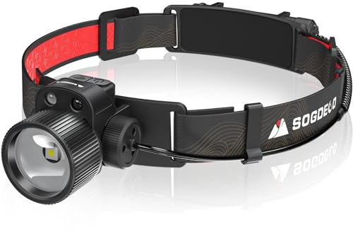Sogdeco Linterna Frontal LED Recargable 5000LM FOCO Linterna Cabeza 20Hrs Linterna Frontal Impermeable, 5 modos de iluminación con control por sensor, con luz roja para camping running (negro)