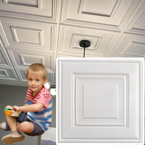 HAILMGAY Ceiling Tiles Self Adhesive, 3D Wall Cladding Peel And Stick, Foam Wall Panels Easy To Install And Cut for Ceiling And Interior Wall Decor, White (13.8X13.8 Inch),50Pcs
