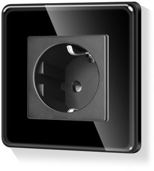 LIAONFOY Runde Schuko Einzelsteckdose mit Kindersicherung Glasrahmen Unterputz Schwarz Wandsteckdose Gekurbte Kanten rahmen 110-250V 86mm