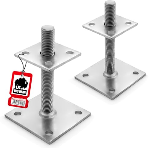 BigDean 2 Pfostenträger höhenverstellbar 30 – 150mm Platte 100x100 & 70x70 | Balkenschuh zum Aufschrauben, Stützenfuß für Zaunpfosten & Holzbalken, verzinkter Stahl, Silber, einfache Höhenanpassung