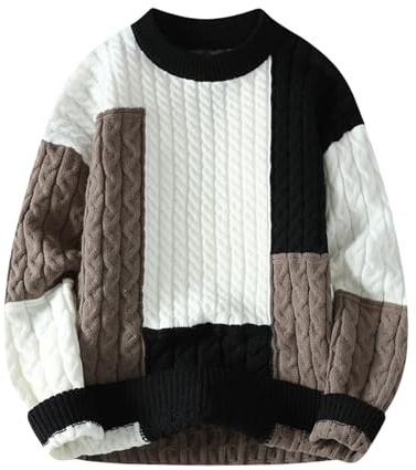 Gurunvani Maglione da uomo patchwork, a colori a blocchi, lavorato a maglia, vintage, con intrecci a maglia intrecciata, nero, Medium