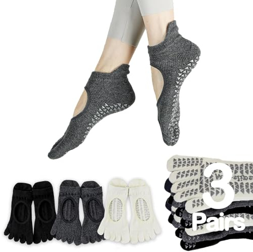 Sunolkie Calcetines para mujer con dedos separados, antideslizantes, calcetines para yoga, pilates, calcetines, calcetines de yoga, pilates, ballet, baile, baile descalzo, fitness, 3 pares