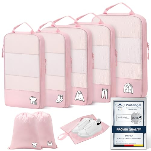 8 Teilige Compression Packing Cubes, Koffer Organizer Kompression PackwüRfel Packtaschen FüR Backpack Rucksack Reisen Organizer Rosa