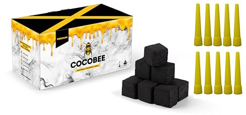 Black Carbón DISPAU King COCOBEE Premium de 1Kg 27 X 27 MM + 10 BOQUILLAS DE Silicona,1KG Carbón Natural de Coco Premium Cachimba y BBQ - Briquetas de Carbón de Coco Shisha y Barbacoas.