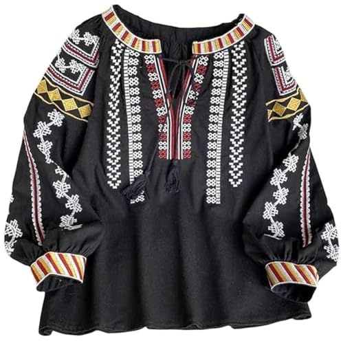 Zghhc Blusa Y Camisas Bordadas para Mujer, Estilo Bohemio Retro con Encaje Y Borlas, Mangas Acampanadas Holgadas, Blusa De Estilo Étnico, Ropa Hippie Femenina