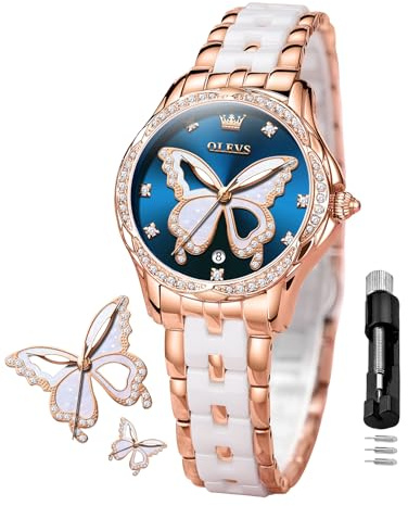 OLEVS Damen-Diamantuhr Elegante Luxus-Armbanduhr Damenuhr aus Roségold mit Keramikglas