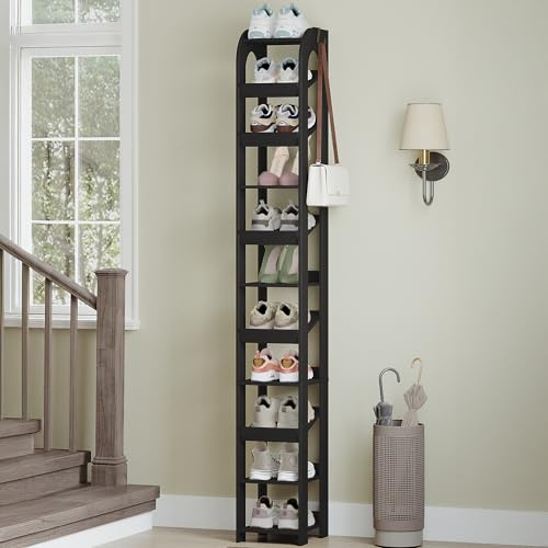 Hzuaneri Zapatero, 11 Estantes Estrechos para Zapatos, Organizador de Zapatos de Madera para Armario, Entrada, Torre de Zapatos para Habitaciones Pequeñas, Ajustable, con Ganchos, Negro SR12406X