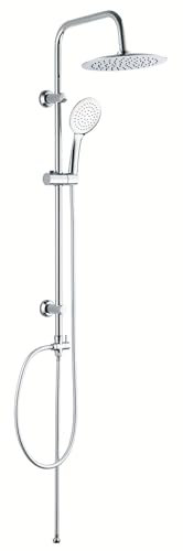 Colonne de Douche Complète en Acier Inoxydable Chromé avec Pomme de Douche Ronde Anti-calcaire, Douchette à Main à Jets Multiples, Flexible 150 cm et Barre Télescopique Réglable