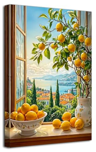 LZIMU Lemon Wall Art Kitchen Decor Bathroom Pictures Lemon Tree Canvas Prints Vintage Yellow Fruit Painting Rustic Landscape Poster Farmhouse Artwork Framed (Orange, (18L x 12W))