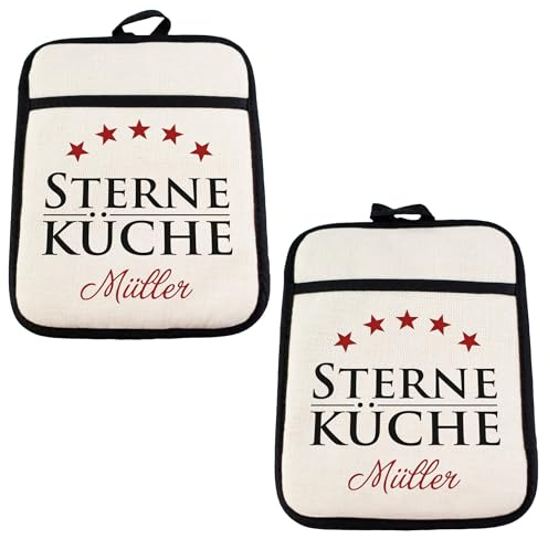 Herz & Heim® 2er Set personalisierbare Topflappen mit Foto, Name oder Wunschtext – Silikonrückseite & Grifftasche – Ofenhandschuhe personalisiert mit Aufdruck (Sterne Küche)