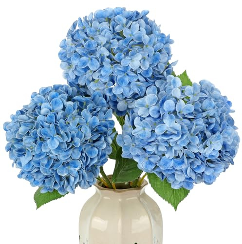 Briful 25.5 Artificial Hydrangea Flowers Long Stem - Real Touch Blue Artificial Flowers with 7.8 Large Flower Heads, Set of 3 Faux Hydrangea Plants for Vase, Living Room, Wedding Decor