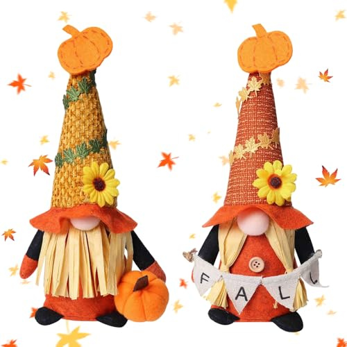 DZAY 2 Stück Herbstdeko Wichtel Figuren Plüsch GNOME Herbst Dekorationen,Herbst Deko Wichtel mit Ahornblatt Kürbis Deko,Herbst Dekoration Wichtel Figuren Plüsch für Erntedankfest Weihnachten Zwerge