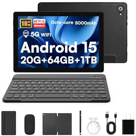 Laptok Tablet, Android 15 Tablet 10 Pollici Con Tastiera, 20GB+64GB+1TB, Octa-Core, Face ID, Tablet PC Con WIFI 5G, Bluetooth 5.4, Widevine L1, 5MP+8MP, 1280 * 800 HD, 5000mAh,2 Anni Garanzia