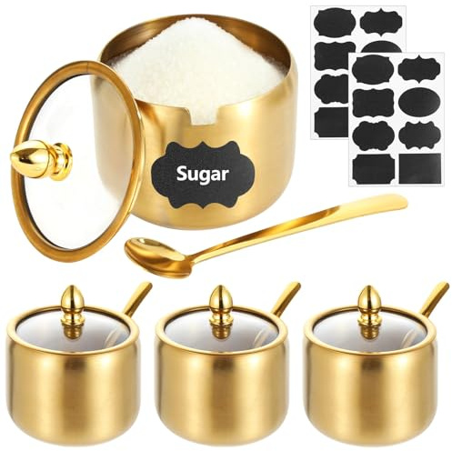 Lot de 4 sucriers en acier inoxydable doré avec couvercle, cuillère et étiquettes à épices pour cuisine et station de café