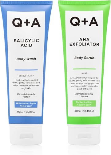 Q+A AHA-Körperpeeling und Salicylsäure-Duschgel 2 x 250ml | Für Raue, Unebene Haut, Mit Golden-Vanilla-Coconut- und Watermelon-Agave-Duft