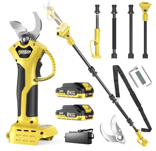 2 en 1 Tijeras de podar a batería telescópicas, compatibles Makita 18V, alcance 4m, motor sin escobillas 1500W, 2×2.0Ah, corte 42mm, rotación 180°, para jardinería y poda de árboles (yel)