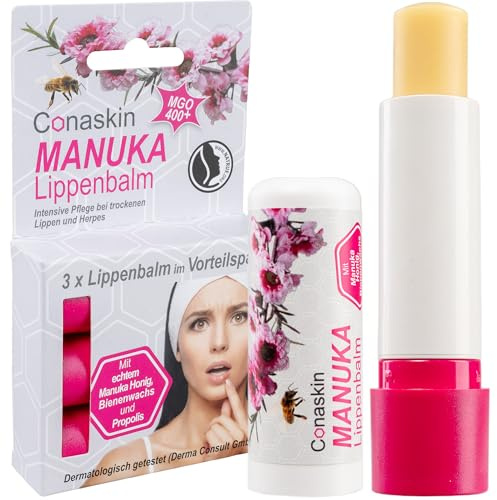 Conaskin MANUKA Lippenpflege (MGO400) | Intensiv-Pflege bei Trockenheit & Infektionen (z. B. Herpes) | 4.6 g Naturkosmetik | Tägliche Anwendung & Repair | Bienenwachs & Propolis