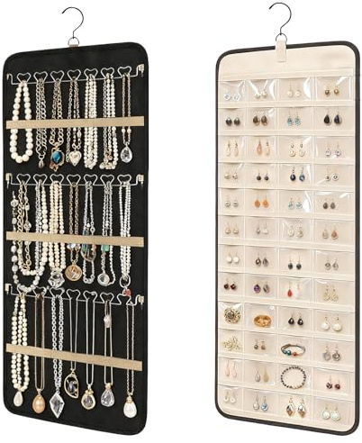 Schmuck Organizer Hängend,Schmuck-Organizer zum Aufhängen mit 360°Drehbar Metallhaken,Schmuckaufbewahrung Doppelseitige,Ketten Aufbewahrung zum Aufhängen,Schmuckhalter Wand für Ring Ohrringe Halskette