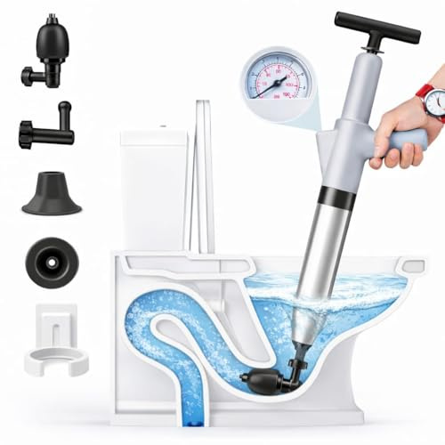 OMNIXOR High Pressure Toilet Plunger Kit with Visual Barometer, Holder & 4 Replaceable Heads – Heavy Duty Drain Unblocker for Toilet, Sink, Shower, Bath, Kitchen & Pipe Clogs.