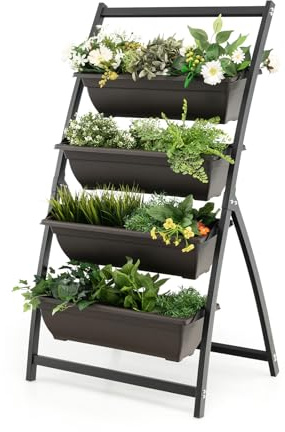 GOPLUS Jardiniere Balcon avec Roulette Verticale avec 4 Pot de Fleur Plastique, Potager Surélevé Autoportant pour Légume et Fleur, Lit de Jardin Surélevé pour Terrasse, Balcon (Noir,52 x 66 x 124 CM)