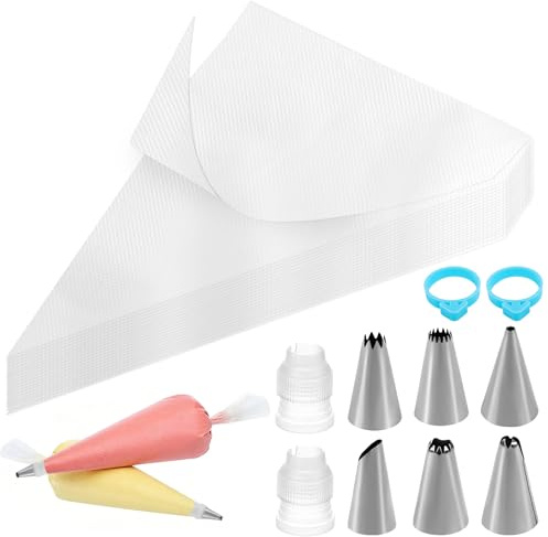 LOMIMOS 100 pcs Poches à Douille Patisserie,Poche a Douille Professionnelles Jetables avec 6 pcs Douille en Inox Décorer Les Biscuits Gateau Cupcake Pâtisserie Crème Muffins Gâteaux