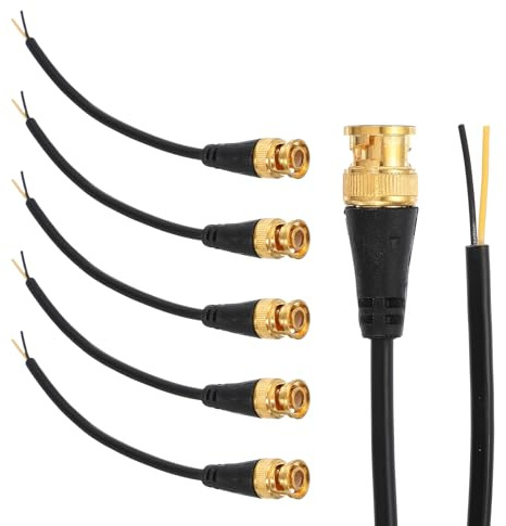 sourcing map BNC Pigtail Cable Bare Wire, 5Pcs 0.2M Gold-Plated BNC Male Open End Coaxial Connector Extension for DVR CCTV Camera Security System Monitor Video Connection, Black